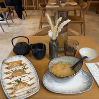 Miso soup and gyoza and green teaa  at Bloom Sushi in Paris