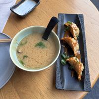 Miso soup and gyoza  at Bloom Sushi in Paris