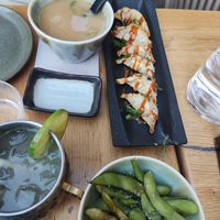 Miso soup, edemame and gyoza as starters at Bloom Sushi in Paris