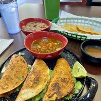“Beef” Birria Tacos with a side of pinto beans   at El Cantaro Vegan Taqueria in Sacramento