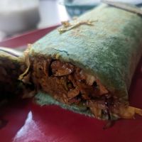 Close up BBQ Chik'n burrito at El Cantaro Vegan Taqueria in Sacramento