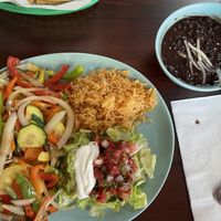 vegetable fajita with side of black beans  at El Cantaro Vegan Taqueria in Sacramento