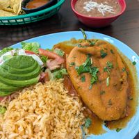 Chile rellano platter with pinto beans at El Cantaro Vegan Taqueria in Sacramento