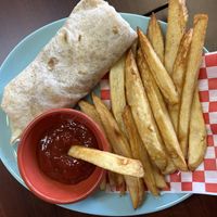 Kids bean and cheese burrito with fries   at El Cantaro Vegan Taqueria in Sacramento