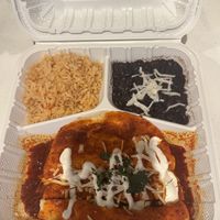Cheese enchiladas with red saucee  at El Cantaro Vegan Taqueria in Sacramento