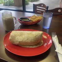 Vegan Asada Burrito, Horchata, Chips, and Water 😋  at El Cantaro Vegan Taqueria in Sacramento