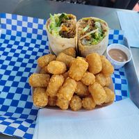 Tots and 11 layer breakfast burrito at Happy Vegan in Fountain Valley