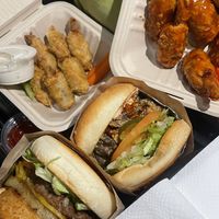 hot oyster shroom sandwich, hula burger, mango habanero and lemon pepper wings   at Happy Vegan in Fountain Valley