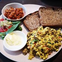 Farmer Scramble with a side of Baked Beans at Miss Sina in Marrickville