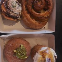Vegemite scroll, cheese n bakin scroll and pistachio donut and lemon meringue   at Miss Sina in Marrickville
