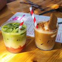 Strawberry matcha, biscoff iced lattes at Miss Sina in Sydney