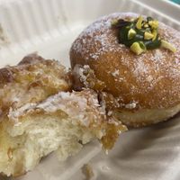 Pear fritter (left) and pistachio cream doughnut (right)  at Miss Sina in Marrickville