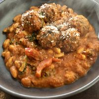 Vegan meatballs and pasta with a tomato, kale and pepper sauce  at 1530 The Restaurant in Hope Valley