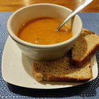 Pumpkin soup and homemade bread at Okaniko Restaurant in Santa Cruz La Laguna