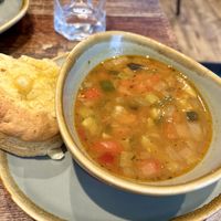 Soup of the day (Mediterranean vegetable) with a cheese scone   at Rascals Cafe in Perth