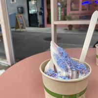 strawberry horchata twist soft serve with cotton candy crumbles  at Dreamery in Brooklyn