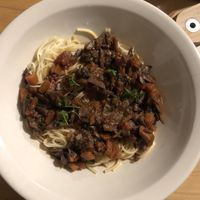Spaghetti with vegan mushroom sauce  at Settlers in Deloraine