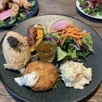 Vegan chaya plate with a croquette and soy karaage at Chaya Macrobiotics - Shiodome in Tokyo