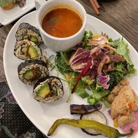 Soy meat sushi rolls, Minestrone soup, salad and greens, soy meat  at Chaya Macrobiotics - Shiodome in Tokyo