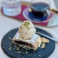 Strudel with hazelnut ice creamm  at PiranArt Boutique hotel in Piran