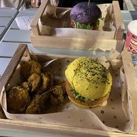 Burger and side of crispy aubergine  at Flower Burger - Muratori in Milan
