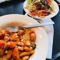 Bean & squash stew with couscous and a salad (great VFM) at Mary Ward Centre Cafe in London