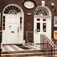 Some steps up to the door at Mary Ward Centre Cafe in London