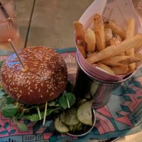 Vegan cheeseburger and fries at Bill's in Norwich