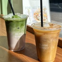 Blueberry matcha + iced americano , both with oat milk.  at Blank Street Coffee - Charlotte St. in London