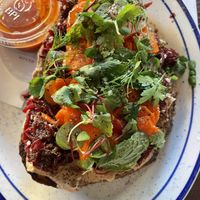 Fermented veggie toast + hot sauce  at Analog Coffee in Seattle