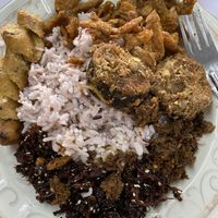 Mock meats and rice and some kind of fried mushrooms I really liked    at Zing Zing Che - ชิ้งชิงเจ in Udon Thani