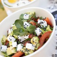 Brutal Vegan Salad with vegan Greek Cheese at Best Bagel Basilica in Budapest