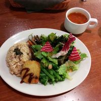 Chef special lunch set, including today's specials of Edamame patty and minestrone soup at Chaya Macrobiotics - Hibiya in Tokyo