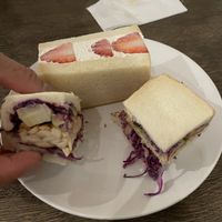 Finally got my strawberry sandwich!!! Bread was old but very good cream. For some reason I had to order it along with this gross tempeh sandwich in a “vegan sandwich” set  at Chaya Macrobiotics - Hibiya in Tokyo