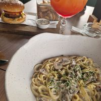 Vegan mushroom pasta and vegan burger - amazing at Pizzano in Alba Iulia