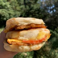 Maple sausage breakfast sandwich - delicious  at Yates Coffee Bar in Victoria