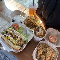 Chicken Philly sandwich, chili queso fries, fried oyster mushrooms, gumbo with shrimp and sausage and an unsweetened mango tea  at The Social Vegan - SV Lounge - Maybe closed in Tallahassee