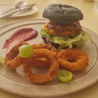 burger with onion rings and homemade ketchup at ARP - 아르프 in Busan