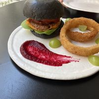 Burger, onion ring, and beet sauce  at ARP - 아르프 in Busan