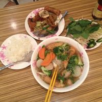 Pho soup & fixings, hot table samples, and rice.  (Copyright Jon Katzkatzjustice[dot]com) at Dieu Huong in Falls Church