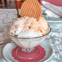 Malaga, Raffaello & some other cream ice cream with chocolate & pistachio on top at PiranArt Restaurant & Gelateria & Caffeteria in Piran