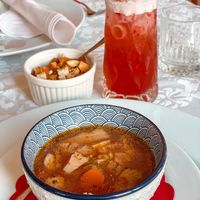 Soup on the house & rose - raspberry ice tea at PiranArt Restaurant & Gelateria & Caffeteria in Piran