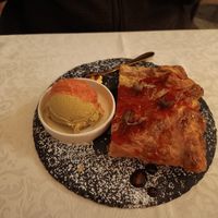 Strawberry and pistachio ice cream with strawberry strudel at PiranArt Restaurant & Gelateria & Caffeteria in Piran