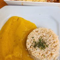 Whole rice, potato puree, soy meat parmegiana at Só Verde - Botafogo in Rio De Janeiro