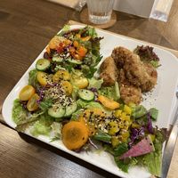 Crispy soy meat with beautiful greens   at Zirael Vegan Restaurant in Kyoto