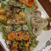 Gyoza plate. Nore: usually comes with rice, but they ran out when we were there at Zirael Vegan Restaurant in Kyoto