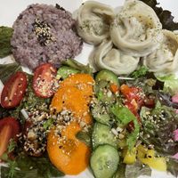 Delicious dumplings, salad and rice    at Zirael Vegan Restaurant in Kyoto