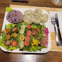 The dumplings weren't super flavorful but great salad and rice #Veganuary at Zirael Vegan Restaurant in Kyoto