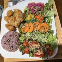 All meals come in this kind of format with at least five or six vegan meat options or dumplings!   at Zirael Vegan Restaurant in Kyoto