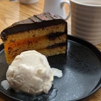Jaffa cake cake with vanilla ice-cream (all vegan) at Hooper's in Swansea